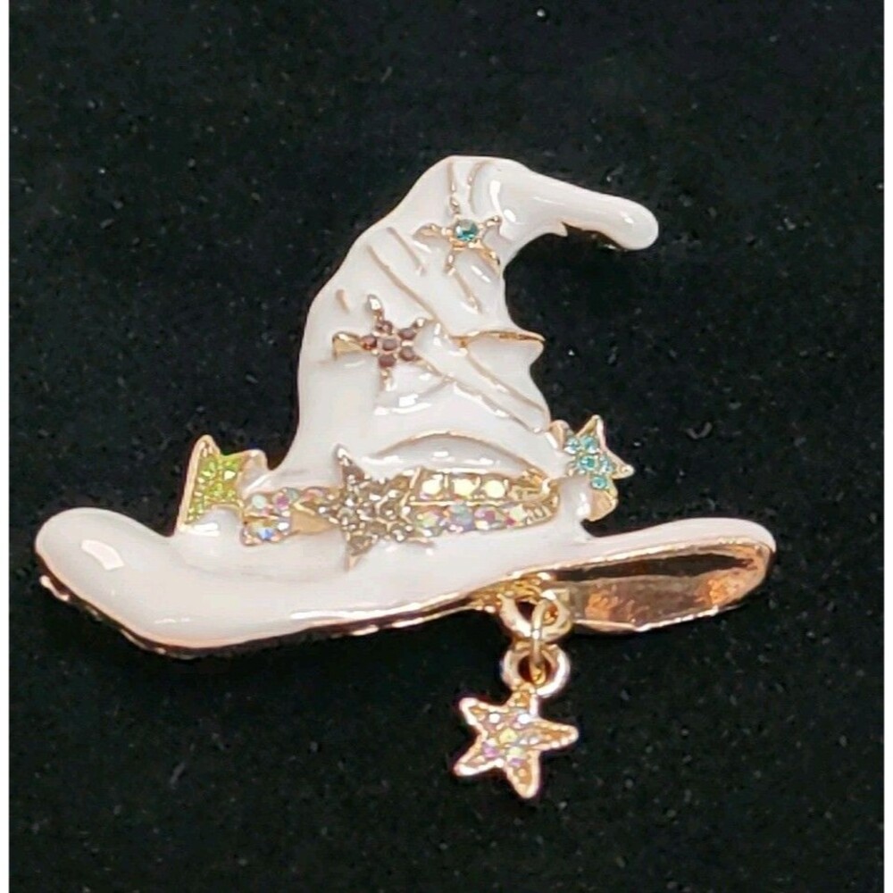 Halloween White Witch Hat Brooch Pin –Unisex Enamel Costume Jewelry